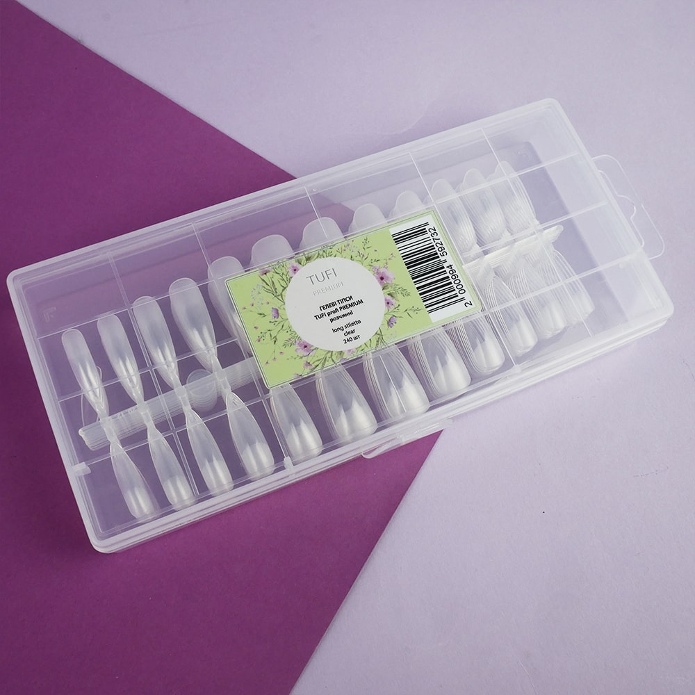 TUFI profi PREMIUM soluble gel tips for nail extension long stiletto clear 240 pcs