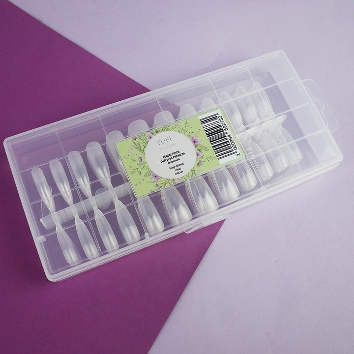 TUFI profi PREMIUM soluble gel tips for nail extension long stiletto clear 240 pcs